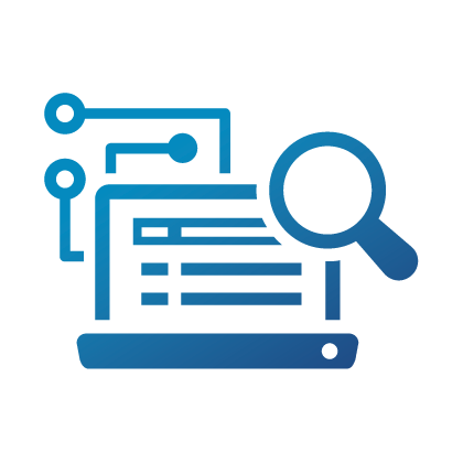 Reporting icon with a magnifying glass over structured data on a laptop screen