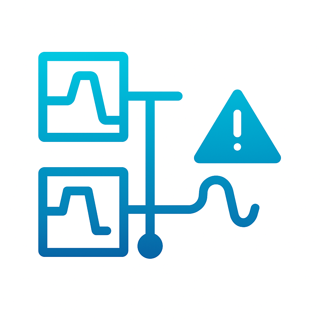 Blue gradient icon showing two waveform windows connected to a warning symbol, representing timing violations.