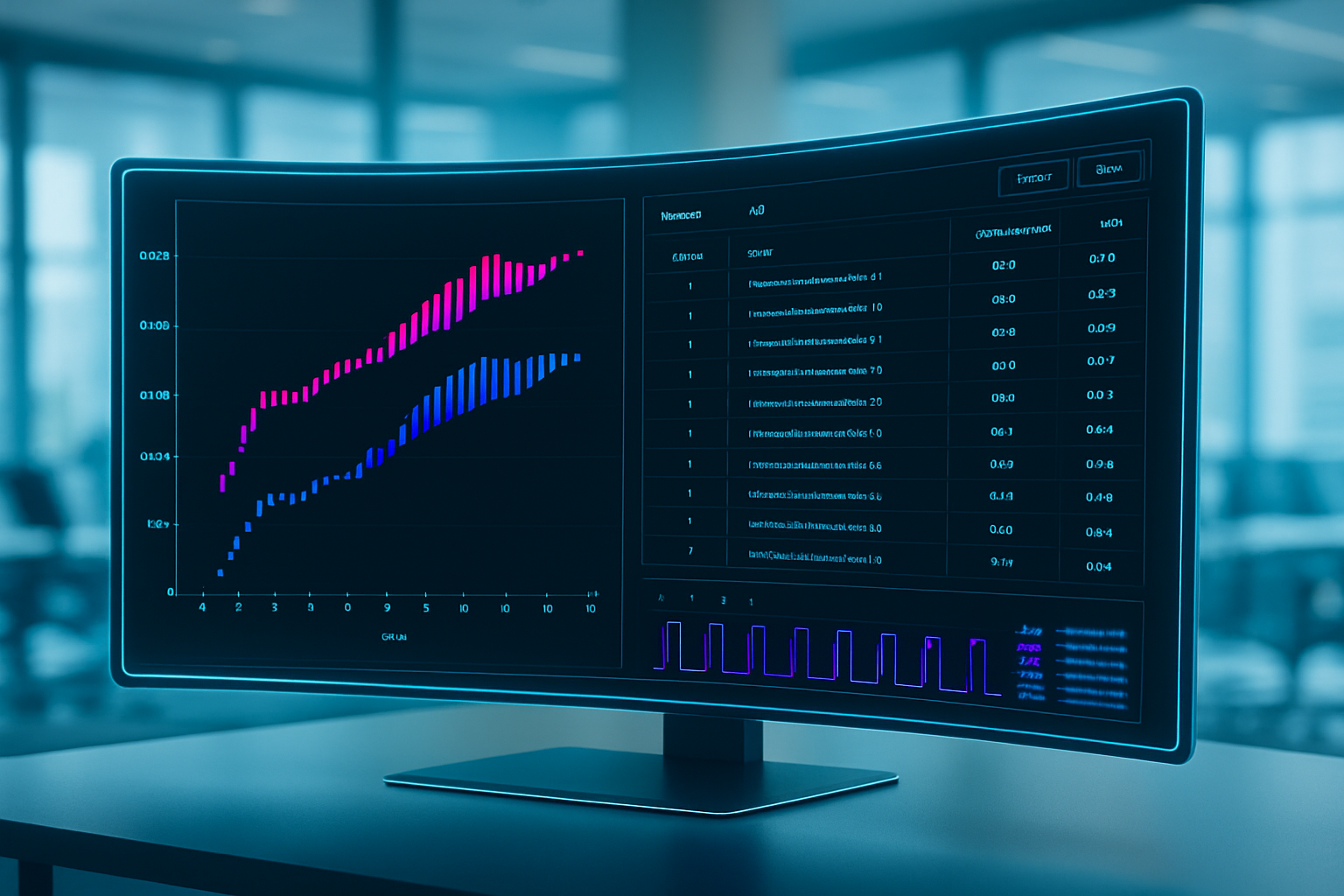 Curved ultra-wide futuristic monitor displaying ClockEdge aging analysis data with transparent-background graphs and waveform results in a neon-blue holographic style.