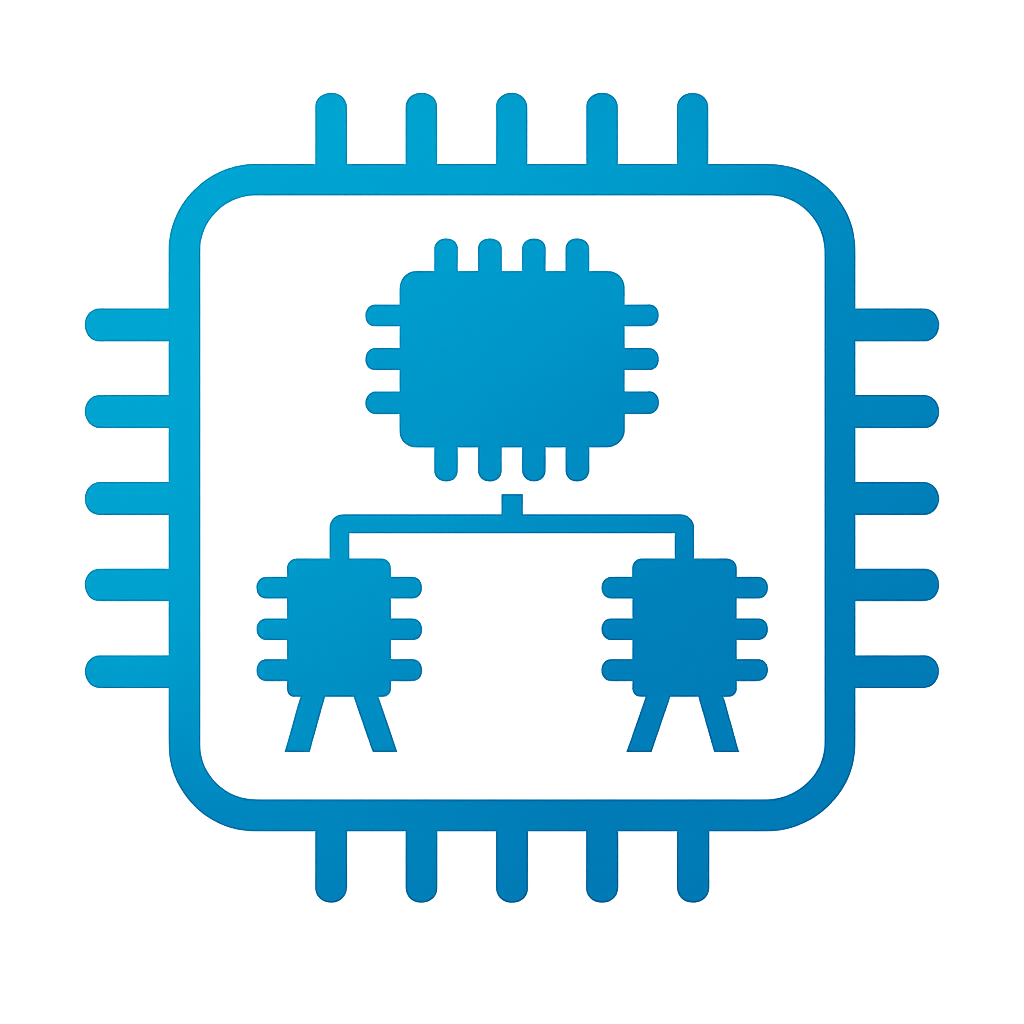 Clock domain hierarchy icon with a central chip feeding two downstream blocks