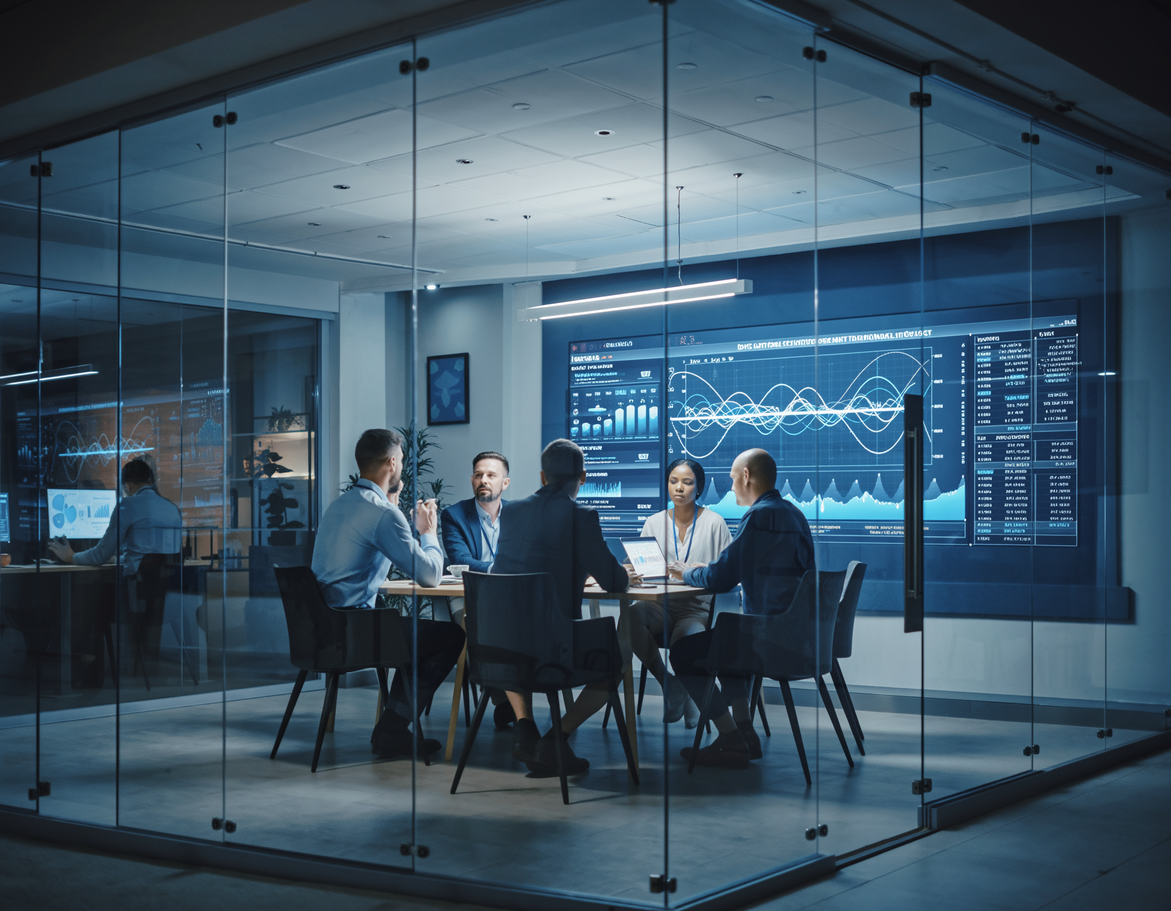 Engineering consultants collaborating in a conference room while reviewing timing and performance graphs projected from a laptop onto a large screen.