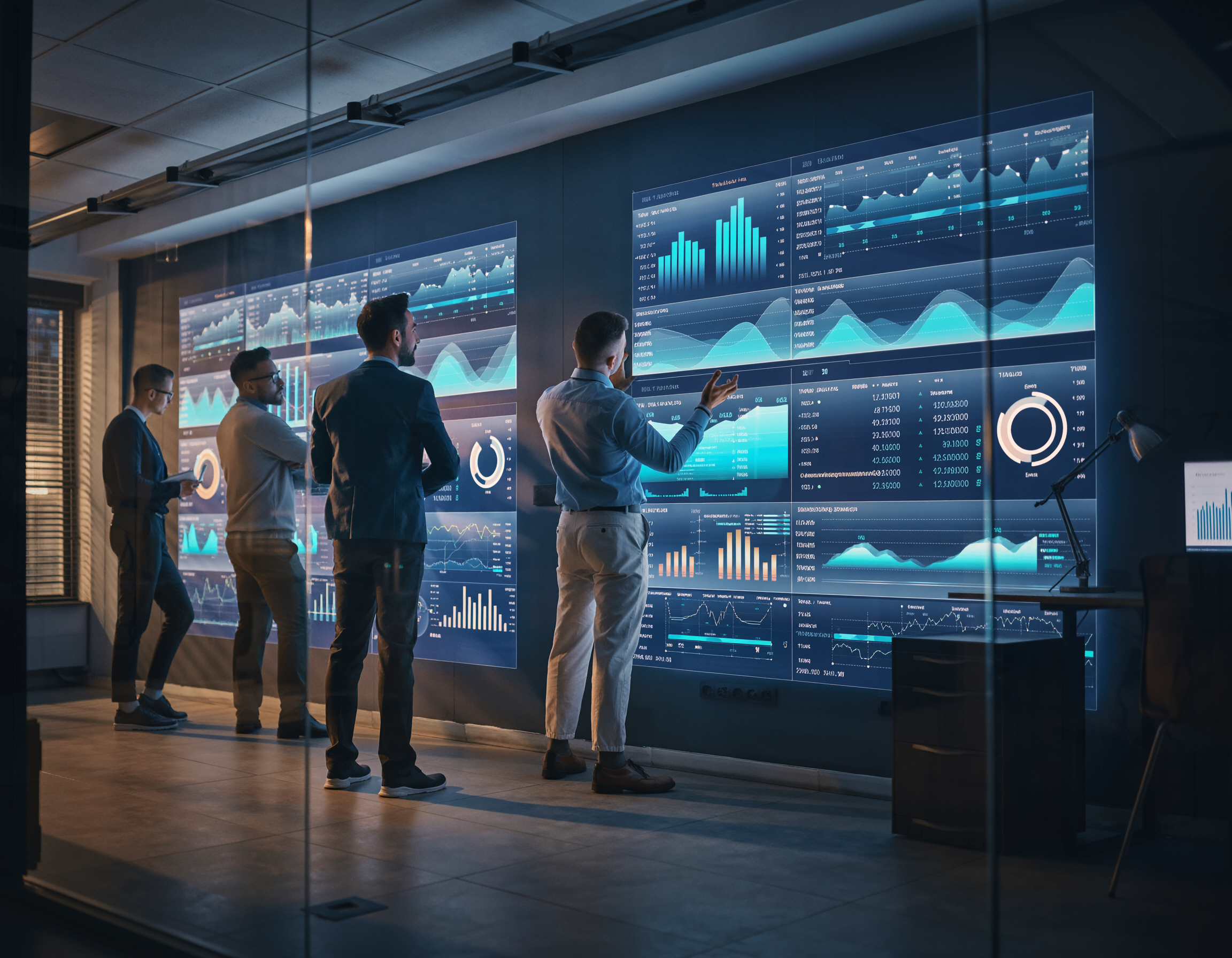 Engineering consultants standing in a conference room reviewing performance and timing graphs displayed across large wall-mounted screens.