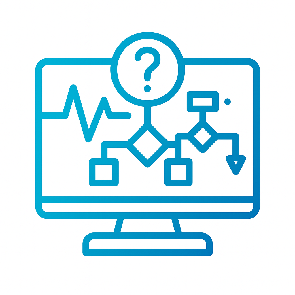 Interactive what-if icon showing a flowchart and waveform on a computer monitor